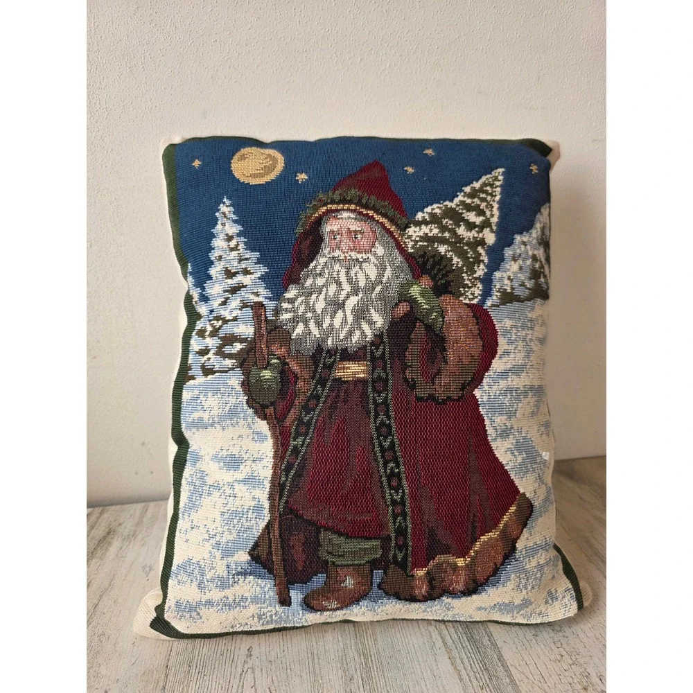 Vintage embroidered father Santa Claus pillow Xmas decor winter scene